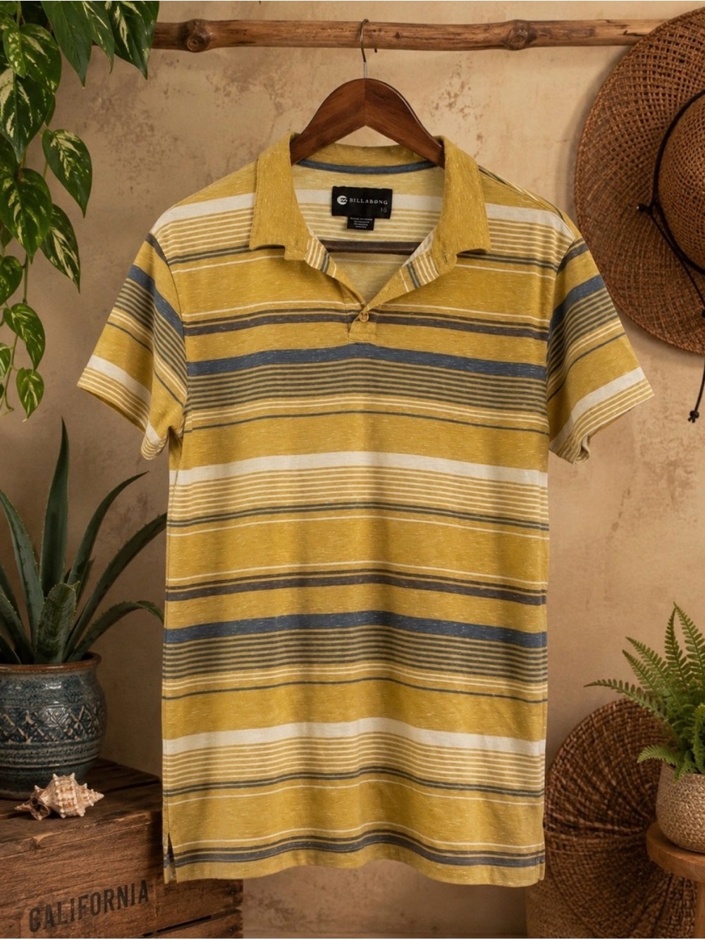 Billabong Men’s Striped Polo Shirt S Mustard Yellow Retro Surf